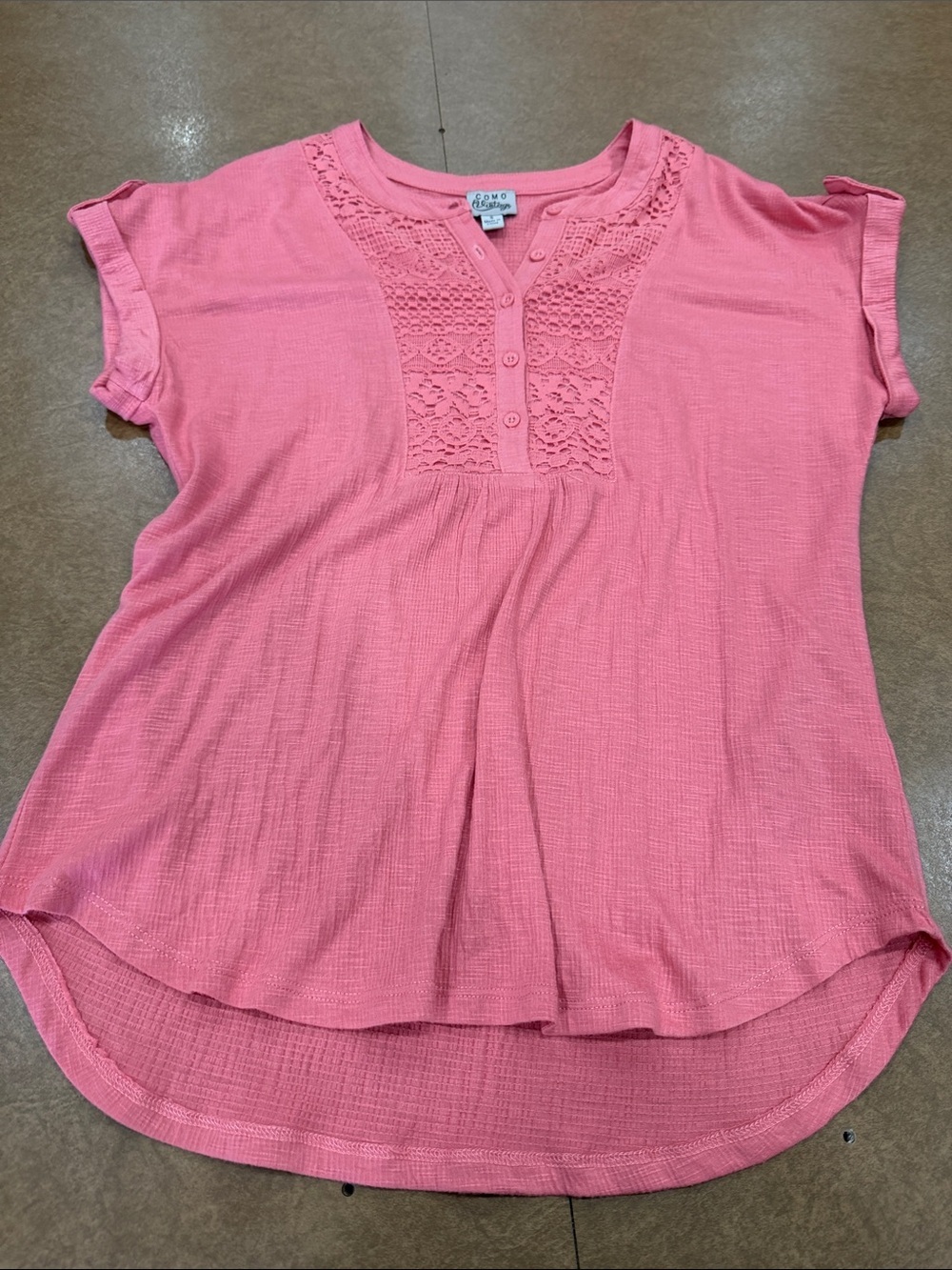Como Vintage Coral Crochet-Front Relaxed Blouse • Size Small